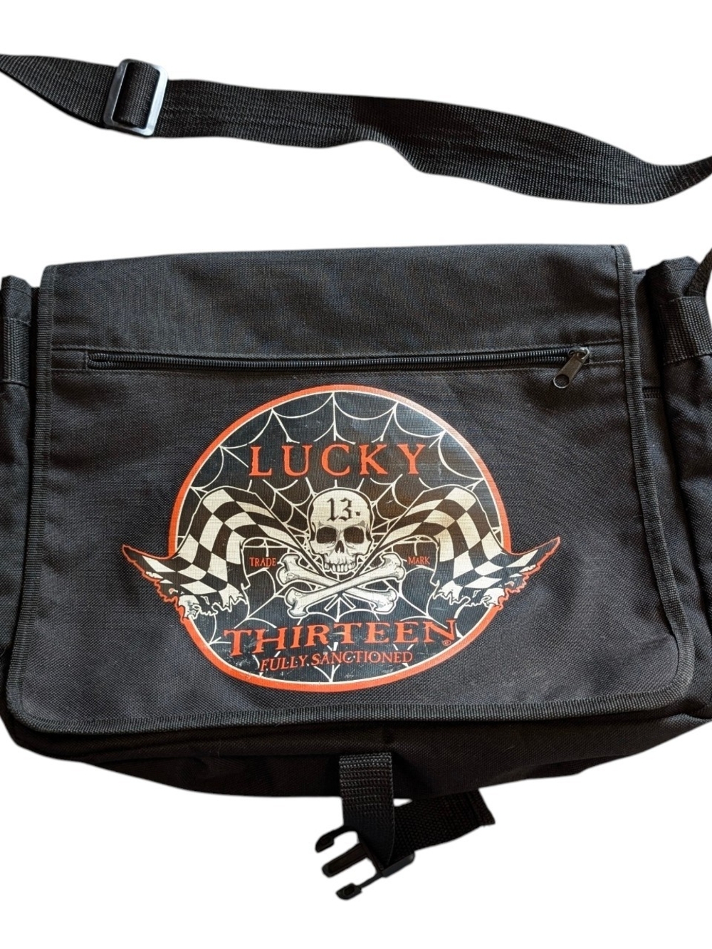 Black Messenger Bag with Lucky 13 Skull Graphic